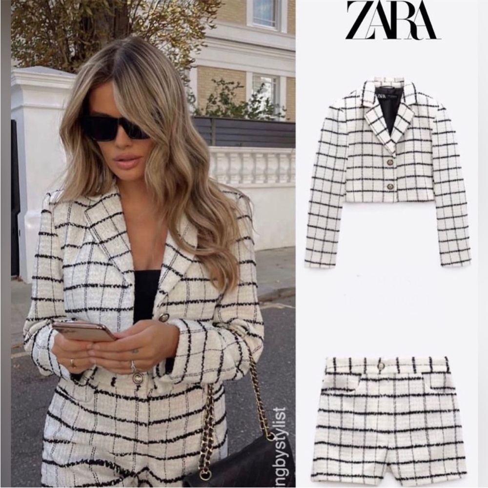 Zara Women’s Plaid textured tweed Cropped Jacket + shorts NWT